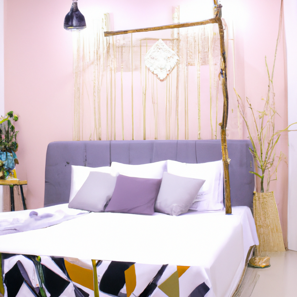 파스텔 침실 콘셉트 룸, 텍스처 벽과 소품, 라이트한 라이프스타일 무드