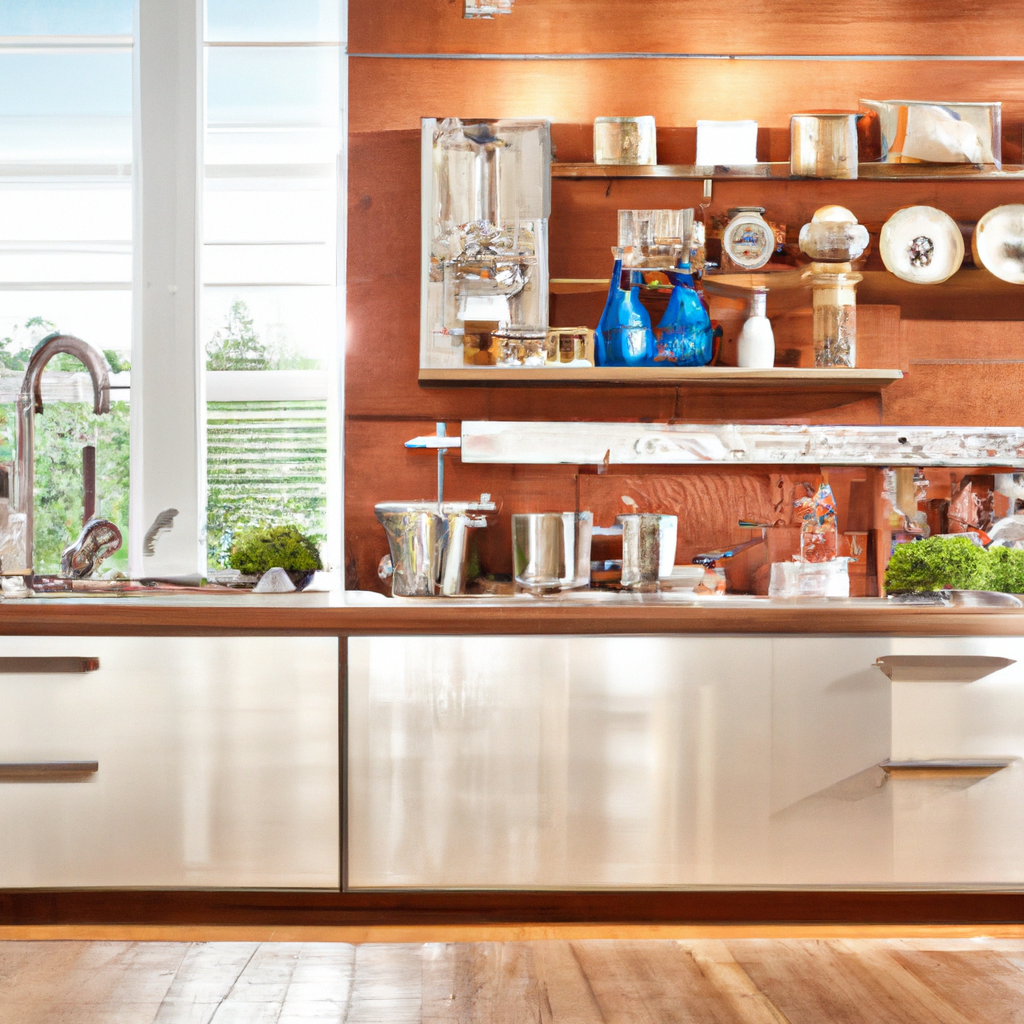 모던 아일랜드와 우드 상판이 있는 키친 스튜디오, 푸드 촬영 세팅